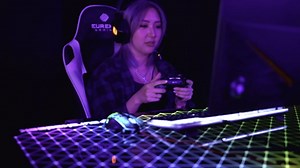 EUREKA ERGONOMIC RGB Gaming Desk with Led Lights Music Desk Glass Sync Lights Up Tempered Desktop, 43 inch Desk GTG Home Office Desk Computer Table 4 USB Charging Ports, APP Control