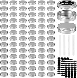 OBKJJ 78 Pcs 2 Oz Aluminum Tin Cans Round Cans with Screw Lids, Refillable Cosmetic Metal Containers Food Candle Containers with Screw Tops for Crafts, Food Storage, DIY