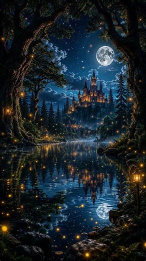 🏰✨ El Lago Encantado del Castillo Mágico | Noche de Luciérnagas 🌙💤 #Shorts