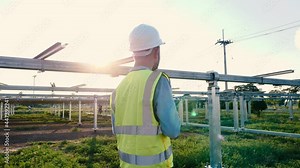 engineer inspect solar tracking machine in solar power plant; Monitor project of automatic solar tracking