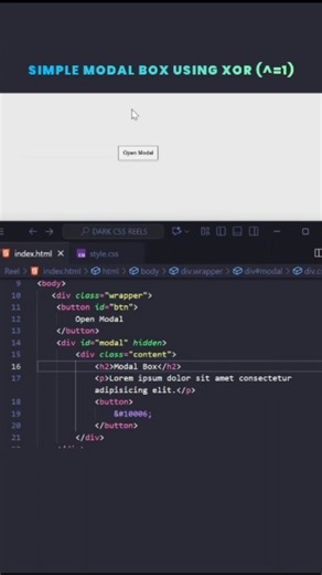 Dark CSS | 🔥 Simple Modal Box using XOR 👨‍🎓🚀 Create Simple Modal Box using Html CSS and Inline JavaScript 🎓🧑‍💻 👩‍💻 Source code is available in... | Instagram
