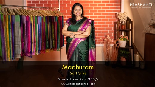 Prashanti Sarees on Instagram: "Madhuram by Prashanti is an elegant collection of Soft Silk Sarees. Soft Silks beautifully combine the lustre of silk sarees with comfortable pliability when draping. Captivating in an array of colours, motifs and zari work, soft silks are a perfect fit for all occasions. Madhuram - Soft Silk Sarees - https://www.prashantisarees.com/collections/madhuram-kanjivaram-soft-silk Oxidised Haaram - https://www.prashantisarees.com/collections/oxidised-haaram WhatsApp to o