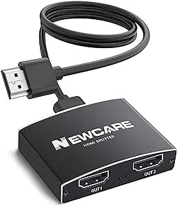 NEWCARE HDMI Splitter 1 in 2 Out, 4K@60Hz HDMI Splitter for Dual Monitors [with 3.9Ft High Speed Cable], 1x2 HDMI Splitter Switch to 2 Display Mirror/Duplicate, 1 Source to 2 Displays (4K@30Hz Black)