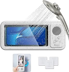 Shower Phone Holder Waterproof with Bluetooth Speaker | 2026 New IPX6 Anti-Fog, 480° Rotatable | Bathroom Case with Speaker Holes | Fits 4-7" Cell Phones & iPhone | Bathroom Wall Mirror