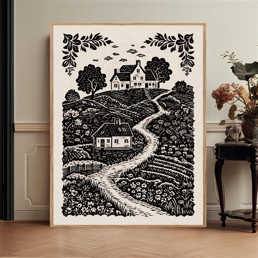 Vintage Folk Art Landscape Print, Scandinavian Cottage Wall Art, Black White Poster, Rustic Farmhouse Decor - Etsy