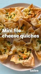 Entertaining is made so much easier with these six-ingredient filo quiches! They're filled with a gooey French washed rind sheep's cheese that has loads of rich flavour. Get the recipe in the comments or Google 'Taste Mini filo cheese quiches'. Brought to you by Coles | Taste.com.au