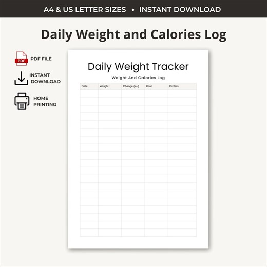 Daily Weight and Calorie Log – One Page Printable Tracker for Weight & Food Intake | PDF | A4 US Letter - Etsy Australia