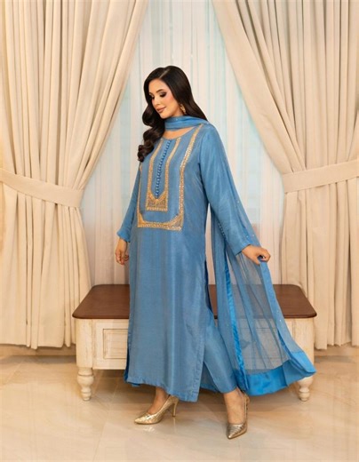 Aqua Blue - Pure Tussar Silk 3-Piece Outfit with Kora, Dabka, Resham Work