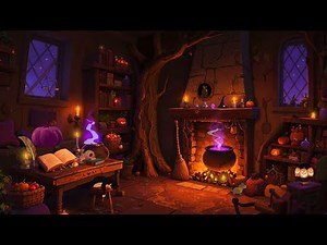 Cozy Witch Cottage - Halloween Night Ambience for sleep | Relaxing Crackling Fireplace & Rain Sounds
