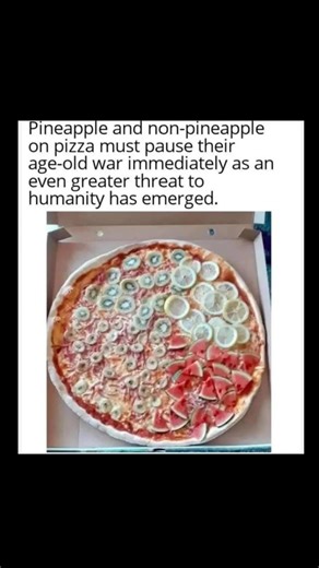 Johnny Bravo Explains Memes on Instagram: "Hey everyone, Johnny here to explain! This meme dives headfirst into one of the internet’s oldest food debates: Should pineapple go on pizza? But instead of taking sides, it throws the entire argument out the window by presenting something far more horrifying—a pizza topped with kiwi, lemon slices, banana, and watermelon. Yeah. Let that sink in. The caption reads: “Pineapple and non-pineapple on pizza must pause their age-old war immediately as an even