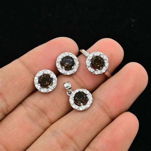 6 MM Natural Smoky Quartz Jewelry Set, 925 Sterling Silver, Solitaire Ring, June Birthstone, Charm Pendant, Birthday Gift, Gift for Her - Etsy