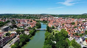 Aerial view of Rottenburg am Neckar with a view of the historic old town. Rottenburg am Neckar, Tuebingen, Baden-Wuerttemberg, Germany, Europe
