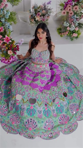 Gossip Confetti - Bridal & Festive Wear Designer on Instagram: "Introducing- 💜🫧The Blushing Hearts💚🫧 A love story,stitched in hush of pistachio & lilac. The lahenga is intricately hand-embroidered on a soft pistachio base, brought to life with a playful yet luxurious composition of lilac heart motifs , scalloped patterns and ornate shell inspired elements. 🫧🐚 The lahenga skirt features repeating heart panels arranged in rhythmic tiers.💜💜💜 Layers of lilac , rose pink, mint and soft aqua