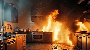 A huge explosion in a kitchen that produces smoke and flames, illustrating the grave threat