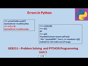 Python Errors - types such as syntax, runtime & logical with Demos | GE8151-PSPP | Tamil | 57