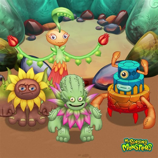 As per Monster-Handler Matt's instructions, we're back at Amber Island, and just in time - The Vessels have opened! Joining Amber Island in the newest wave, we have: 🌻 Flowah 🌵 Barrb, and 🌱 Edamimi! And a warm welcome back to 🦀 Ziggurab! How close was your prediction? 👀 | My Singing Monsters
