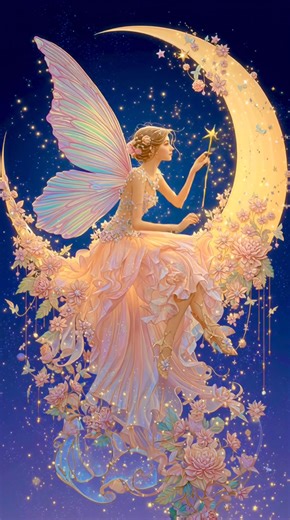 A fairy sits on the silver moon, Her wand aglow, a gentle tune. With every wave, a star takes flight, To twinkle softly through the night. | Artistic Imaginings