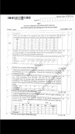 Quantitative Techniques For Managers KMBN-206 Question paper 2023-24 | AKTU MBA 2nd Semester |
