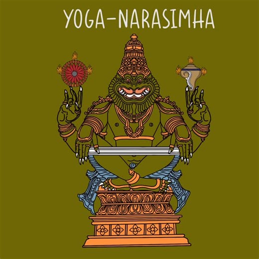sudhirwolf on Instagram: "YOGA-NARASIMHA The form of Vishnu shown as seated in perfect poise in the yogic posture (sarnasana-samasina), upon a white lotus (Sveta-padmasanopari). He is four-armed, the upper hands holding conch (left) and discus (right) in the kataka-mudra, and the normal hands placed (with the right palm over the left palm) In front of the navel and upon the crossed legs (dakshine dakshinam purvau purvadhãra-talan karau). He wears pale red garment (sukla-raktambara) round his loi