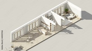 Interior in vintage minimalist style in the living dining bedroom. using wood material and light gray cloth on parquet floor and frame walkways in an apartment with large windows 3d render isometric