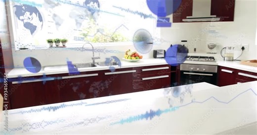 Faint blue data overlays appearing, sweeping across kitchen countertop and displaying kitchen data