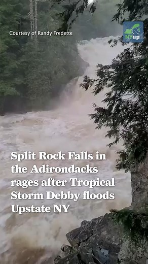A view of popular Split Rock Falls in the Adirondacks on Friday night after Tropical Storm Debby dropped significant rainfall around the state. Over 5 inches of rain fell in nearby Keene. The NYS DEC has said high water conditions and flooding will last throughout the weekend creating very muddy and slippery trails in the Adirondacks. They urged hikers to avoid traveling into the backcountry this weekend. 🎥: Randy Fredette #thisisupstate #splitrockfalls #adirondacks #waterfall #tropicalstormdeb