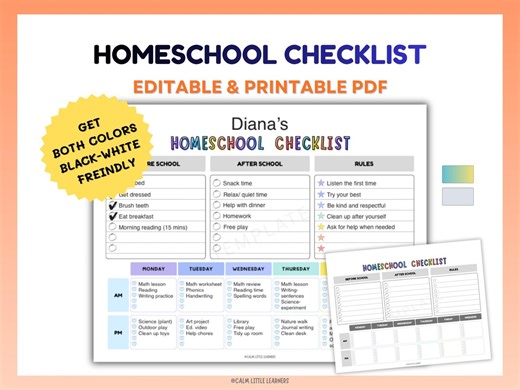 Homeschool Checklist Printable PDF | Weekly Homeschool Planner Editable | Kids Daily Schedule | Routine Chart | Before&after School Tracker - Etsy