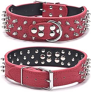 Heavy Duty Dog Collar, Adjustable Studded Dogs Collars with Spikes, 3 Rows Bullet Rivets Studded PU Leather Pet Collar Fit Medium and Large Dogs, 2" Width, RED M