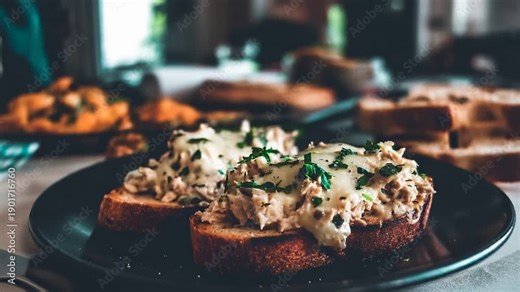 Delicious gourmet open face toasts with creamy tuna melt, melted cheese, and fresh herbs.