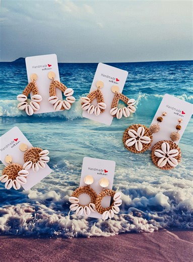 Handmade Raffia Cowrie Shell Earrings | Bohemian Beach Jewelry Vacation Style - Etsy