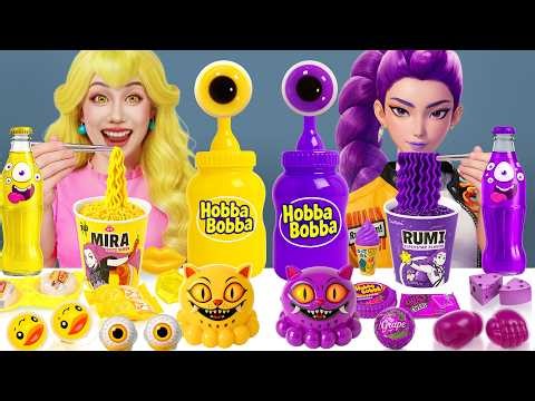 Desafío de Comida Amarilla VS Comida Morada ASMR Mukbang de Gelatina con la Princesa y Rumi Huntrix