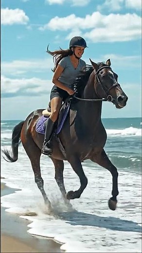 a beautiful lady on the beach- woman ride horse on the sea side #horse #quickly #smart girl