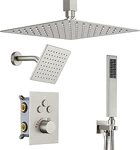 Thermostatic Dual Shower Heads System with Ceiling 12-Inch Rainfall Shower & Wall Mount 6-Inch High Pressure Shower Head, Brushed Gold Bathroom Shower Faucet Set with Handheld Sprayer
