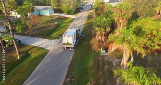 Sanitation truck lifts garbage bins from the curb in quiet suburban neighborhood, providing routine waste collection service in Florida town