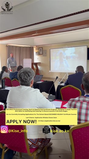 KISE Offers Professional Training, Such As Diploma And Certificate Programs, Designed To Equip Teachers With Skills For Identifying And Catering To Diverse Learners From Early Stages. We Are Currently Accepting Applications For The School-Based DECEMBER HOLIDAY Certificate Courses Last Chance: Application Window Closes Soon Apply NOW👉 At https://application.kise.ac.ke/ School Based Courses 1️⃣Certificate In Functional Assessment 2️⃣Certificate In Audiology 3️⃣Certificate In Braille Proficiency 
