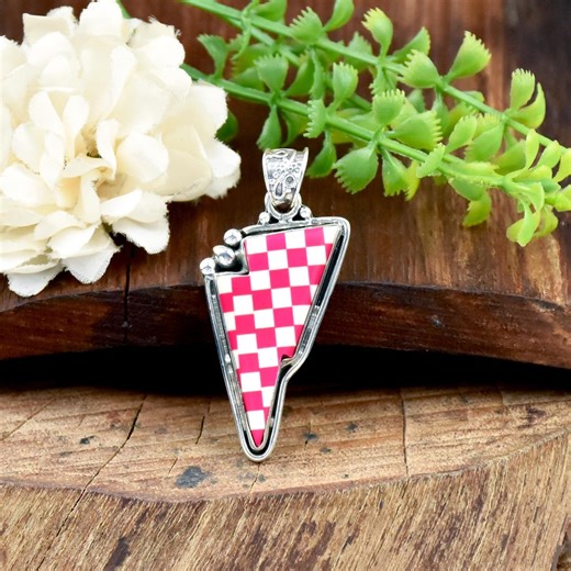 Pink and White Checkerboard Pendant, 925 Sterling Silver Lightning Bolt Necklace, Western Boho Jewelry - Etsy
