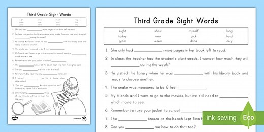 Third Grade Sight Words Cloze Reading Worksheet