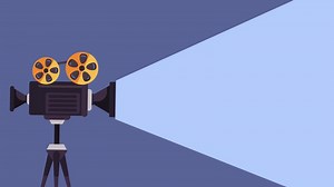 movie camera and film reel with film strip. movie player concept animation.