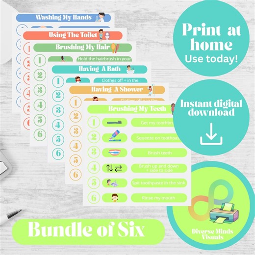 Bathroom Routine Visuals for Kids – 6 Step Hygiene Task Charts – Brushing, Bathing, Toilet, Washing Hands – Autism & ADHD Printable Support - Etsy