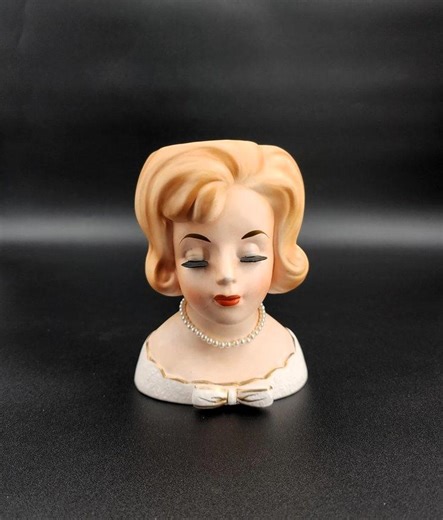 Vintage Napco Ceramic Lady Head Vase Blonde With Pearl Necklace Model C5675 White Dress - Etsy