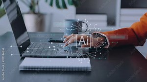 Ai tech, businessman show virtual graphic Global Internet connect robot Chat with AI, Artificial Intelligence. Using command prompt for generates something, Futuristic technology transformation.