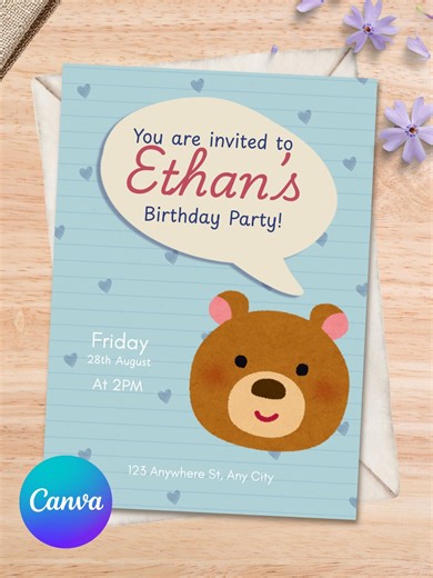 Cute Bear Birthday Invitation Teddy Bear Party Invite for Kids Printable Birthday Invitation Editable Canva Template Invite - Etsy