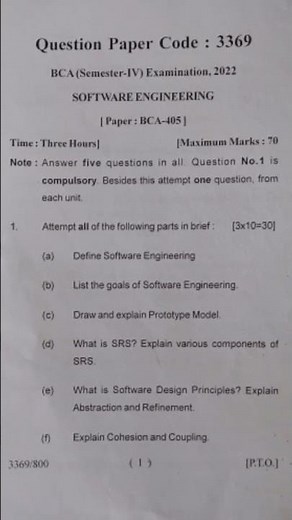 Software Engineering || Question Paper || BCA 4th Semester