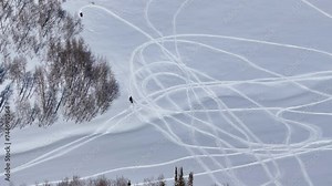 Aerial winter snowmobile riders mountain forest Utah. Snowmobile trail ride across high mountain meadow and forest at high speed in central Utah in winter. Recreation and fun exploring the wilderness.