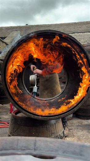 Medium char for Whiskey barrel… #cooper #barrel #oak #fire #char