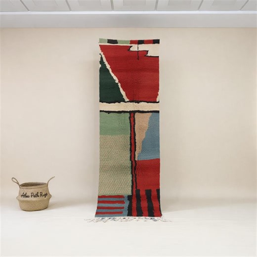 Colorblock Art Moroccan Wool Berber Runner Rug Red Green Living Room - Etsy