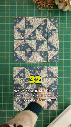 Have you heard of the 32 at a time half square triangle method? Sew 32 HSTs at a time with the easy hack! Great for sewing projects that require a lot of this versatile little blocks 💙 #quiltblock #sewinghacks #EasySewing #whatkimberleymakes | What Kimberley Makes