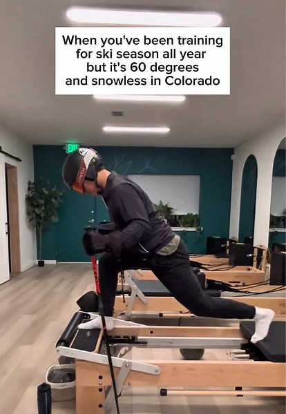 Good thing Reformer Pilates still hits the muscles that matter — glutes, hamstrings, quads, and core — so when the snow finally shows up, your legs are ready. Until then… we’ll just keep carving on the reformer. ❄️🔥 #pilatesforskiers #reformerpilates #skiseasontraining #coloradofitness #pilatesstrong