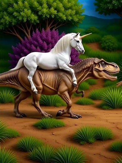 unicorn riding a t-rex