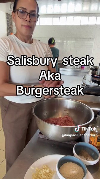 Ingredients: 1 1/2 kilos ground beef and pork 2 eggs Salt Pepper Msg 1 tbsp demi glaze 1 tbsp cornstarch Milk Canned or fresh mushrooms Procedure: 1. Combine meat, 2 eggs, salt,pepper and msg. 2. Form into paties. 3. Cook Gravy: 1. Add garlic and onions to the pan where you cooked. So you can deglaze the pan and use the oil that came from your beef paties. 2. Add 1 tbsp demi glaze powder. 3. Mix your 1 tbsp cornstarch with your 1 glass milk. 4. Add to your garlic and onions that’s cooking in the